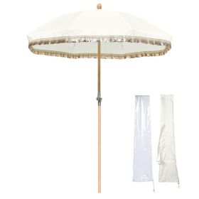 Palm Springs Jazz Era Bohemian Tassel Patio Umbrella with Handbag and Lid Vintage Wood Activity Outdoor Garden Courtyard Deck Wedding Theme Restaurant