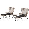 TOPMAX Outdoor Patio 5-Piece Rattan Conversation Set, PE Wicker Arm Chairs with Stools and Tempered Glass Tea Table for Balcony, Natural Rattan+Dark G