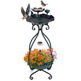 Solar Outdoor Bird Bath Feeder Combo with Flower Planter Pedestal and Solar Lights (Color: bronze)